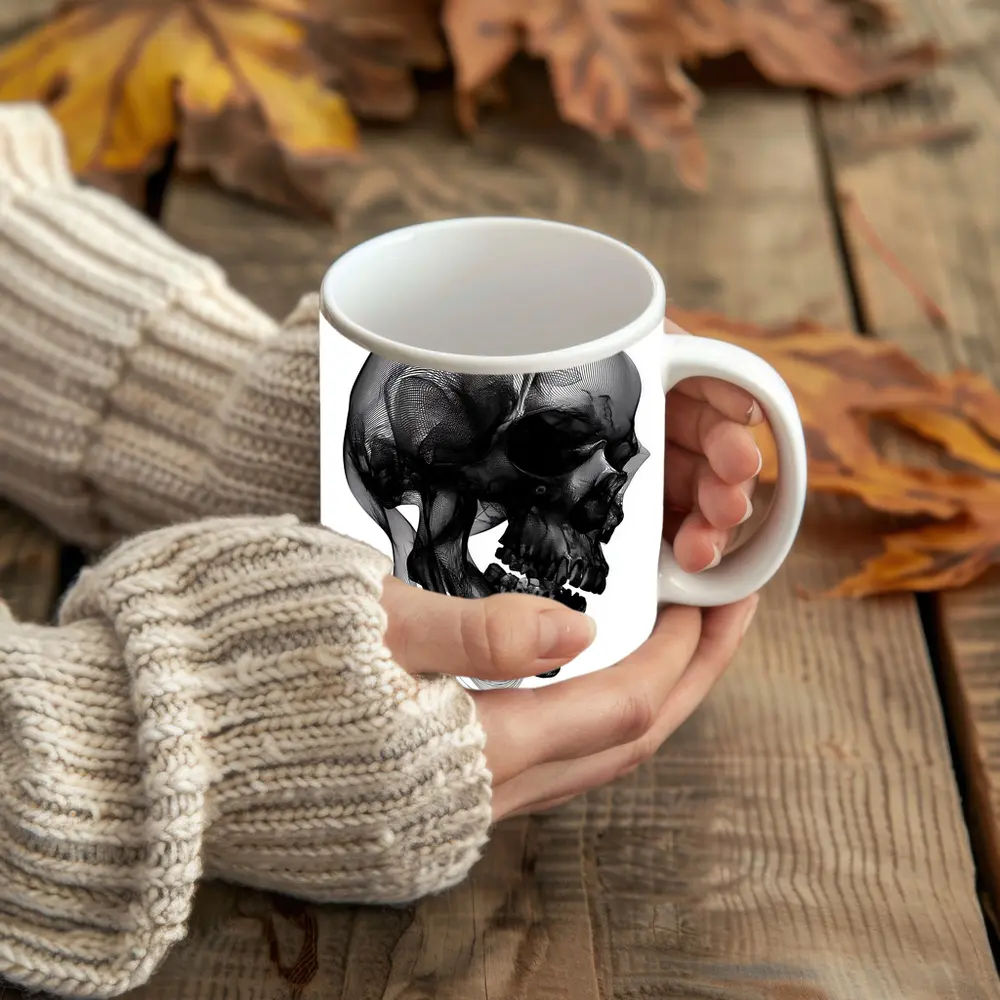 Black Mesh Wire Skull White Background Art – Mugs