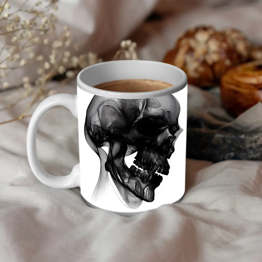Black Mesh Wire Skull White Background Art – Mugs