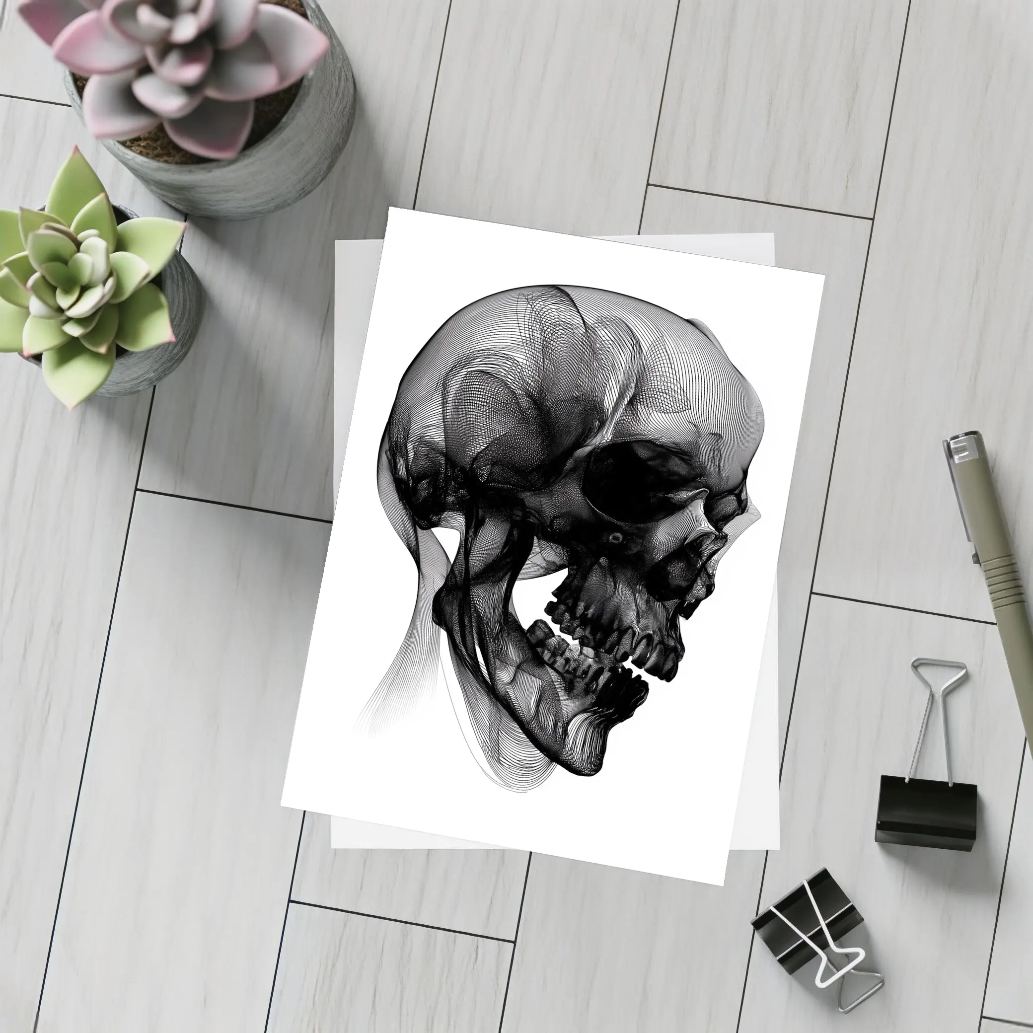 Black Mesh Wire Skull White Background Art – Postcards