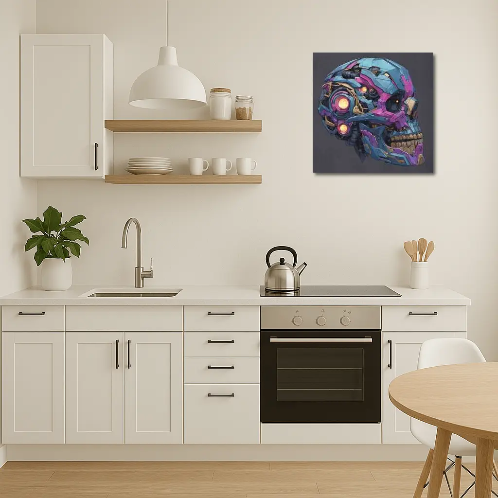 Cyberpunk Mechanical Skull Blue Purple Design – Wall Art