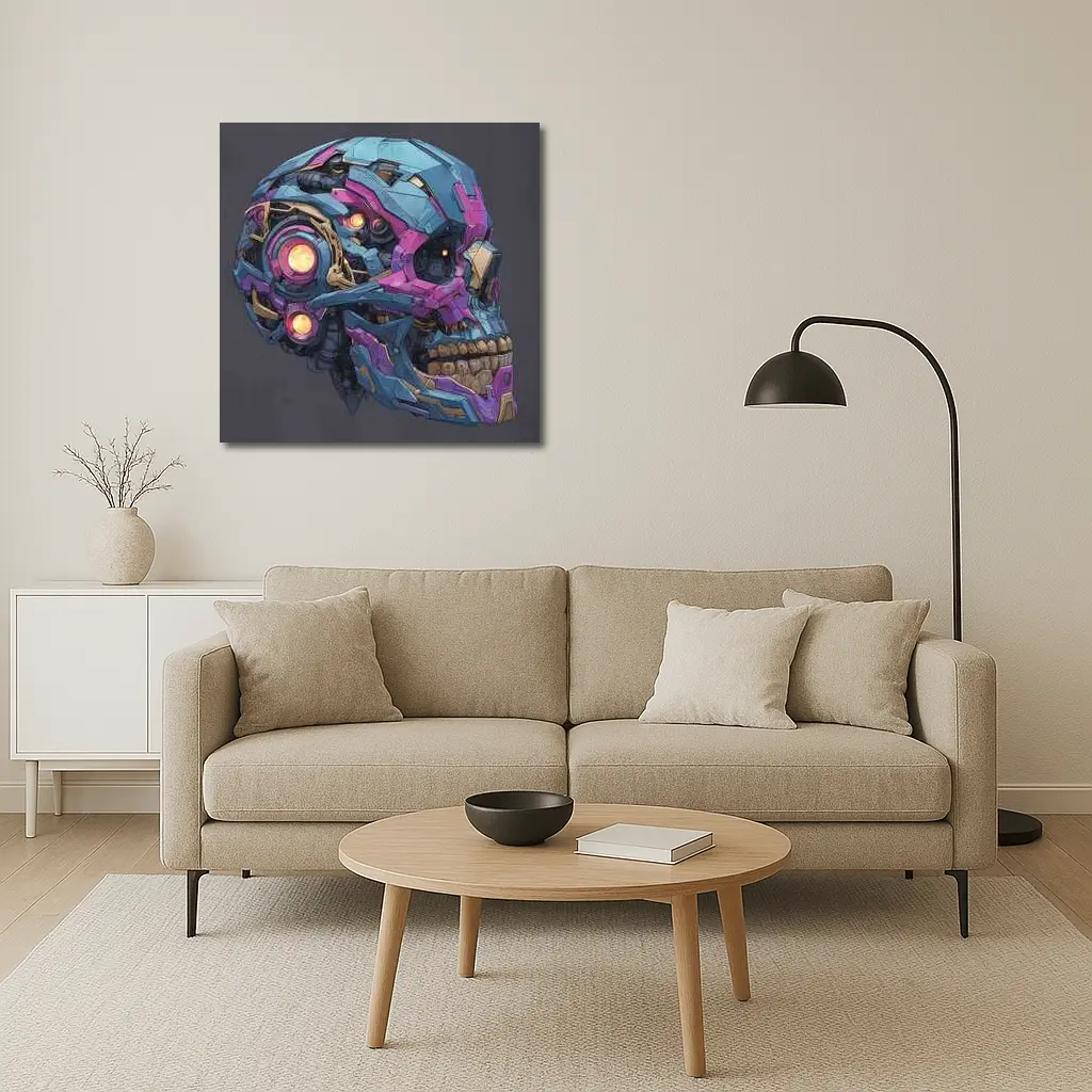 Cyberpunk Mechanical Skull Blue Purple Design – Wall Art