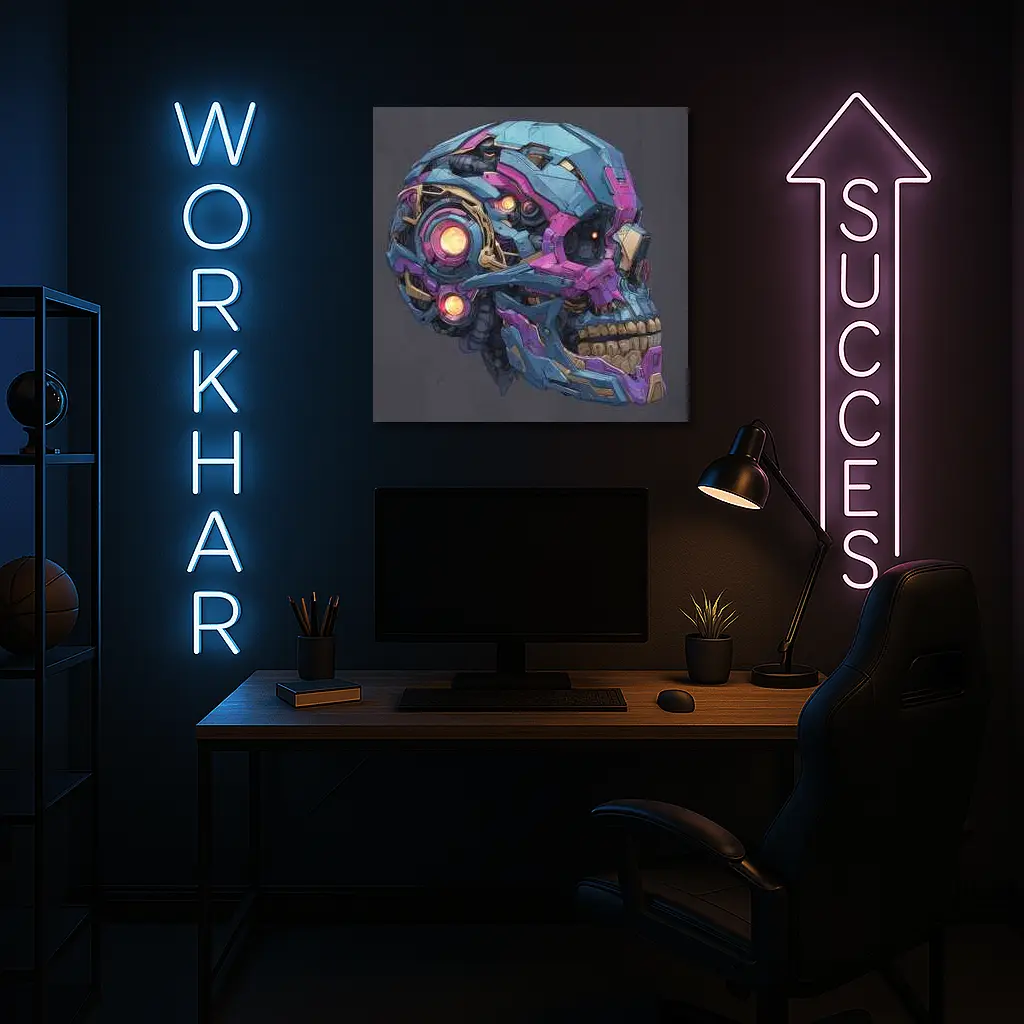 Cyberpunk Mechanical Skull Blue Purple Design – Wall Art