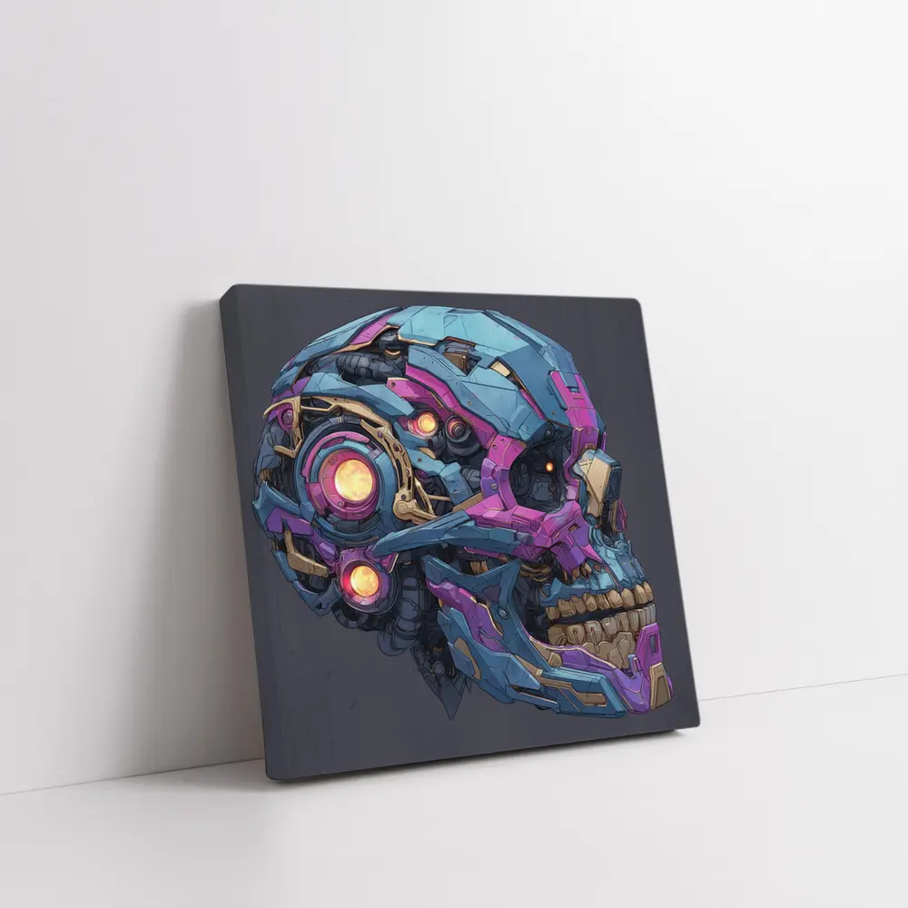 Cyberpunk Mechanical Skull Blue Purple Design – Wall Art