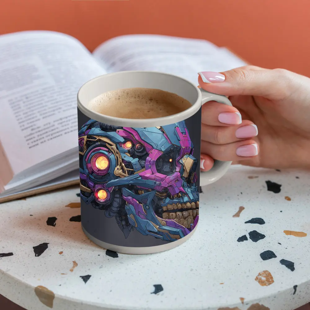 Cyberpunk Mechanical Skull Blue Purple Design – Mugs