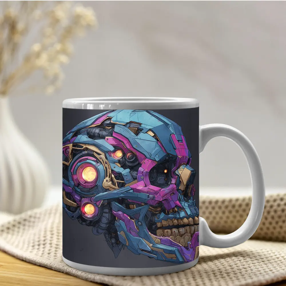Cyberpunk Mechanical Skull Blue Purple Design – Mugs