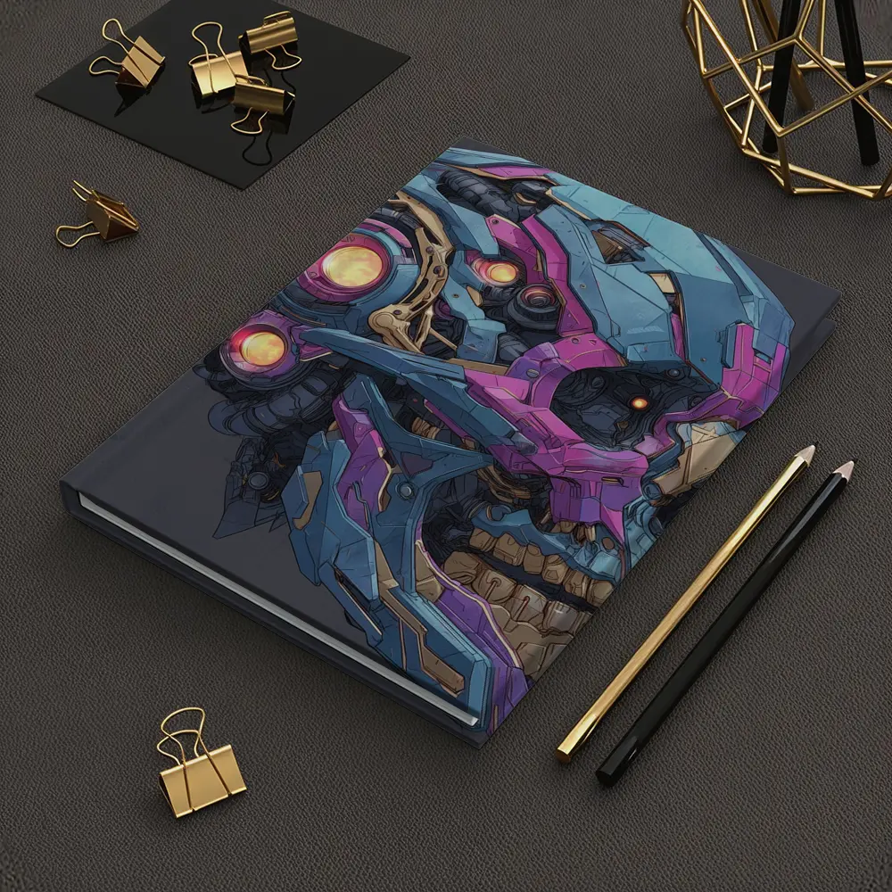 Cyberpunk Mechanical Skull Blue Purple Design – Notebooks