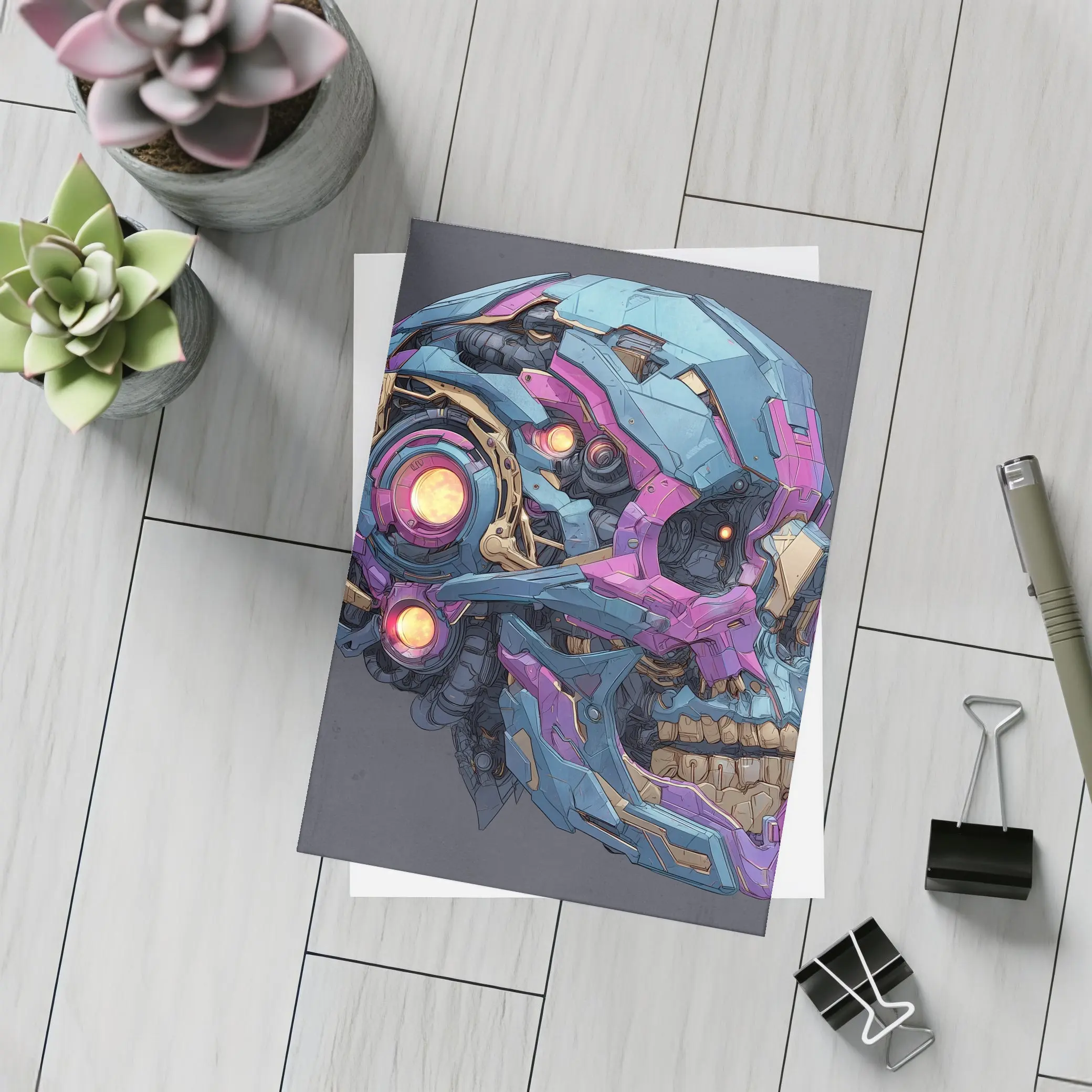Cyberpunk Mechanical Skull Blue Purple Design – Postcards