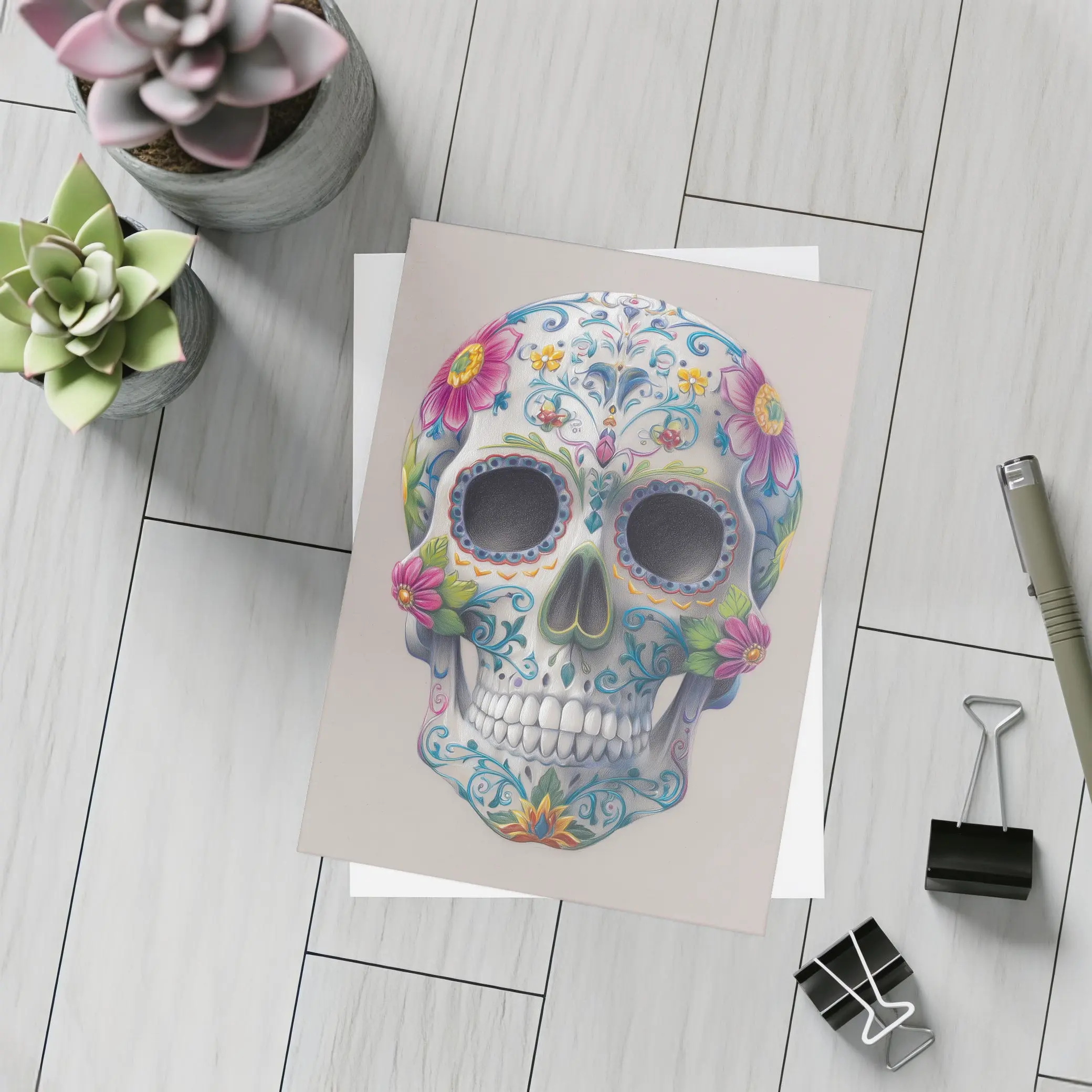 Sugar Skull Floral Day Of Dead Art – Postcards