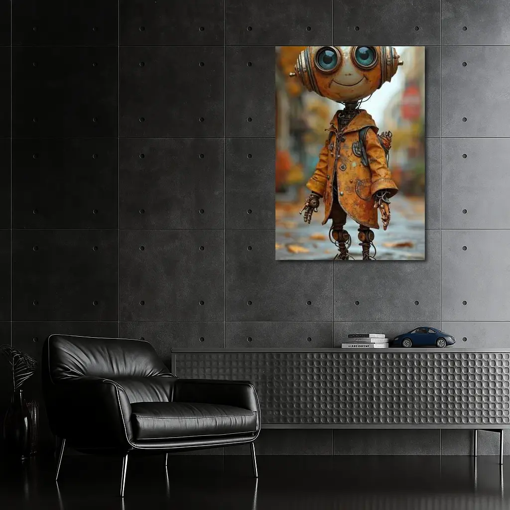 Rusty Robot Child Walking Autumn City Street – Wall Art