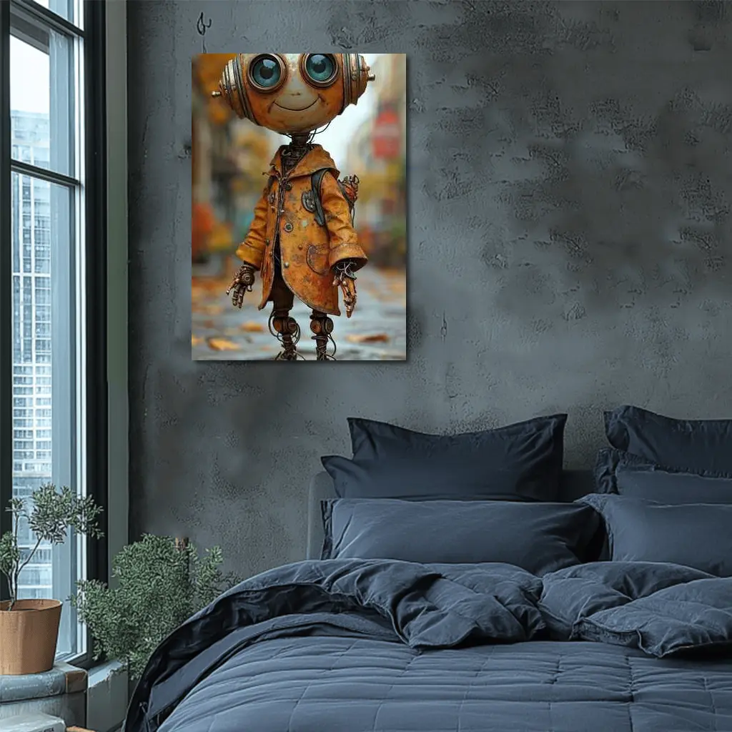 Rusty Robot Child Walking Autumn City Street – Wall Art