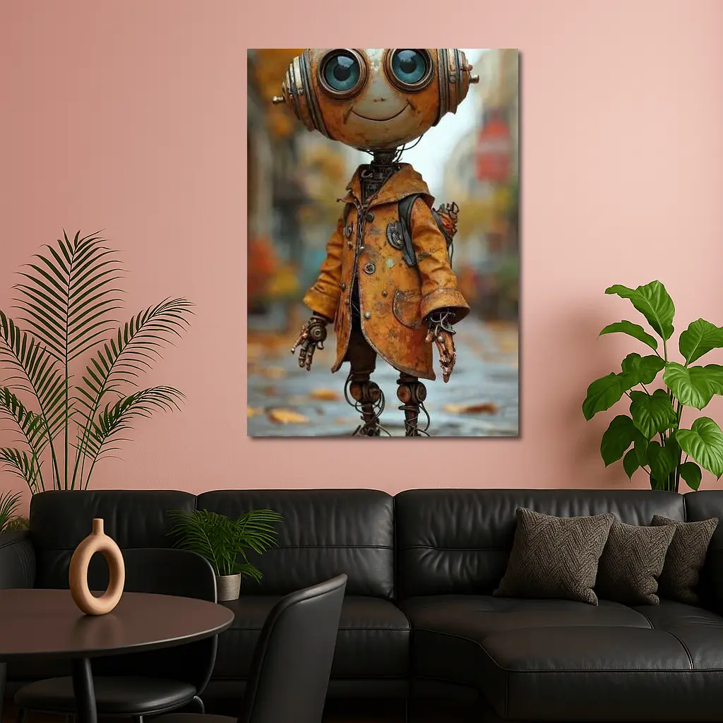 Rusty Robot Child Walking Autumn City Street – Wall Art