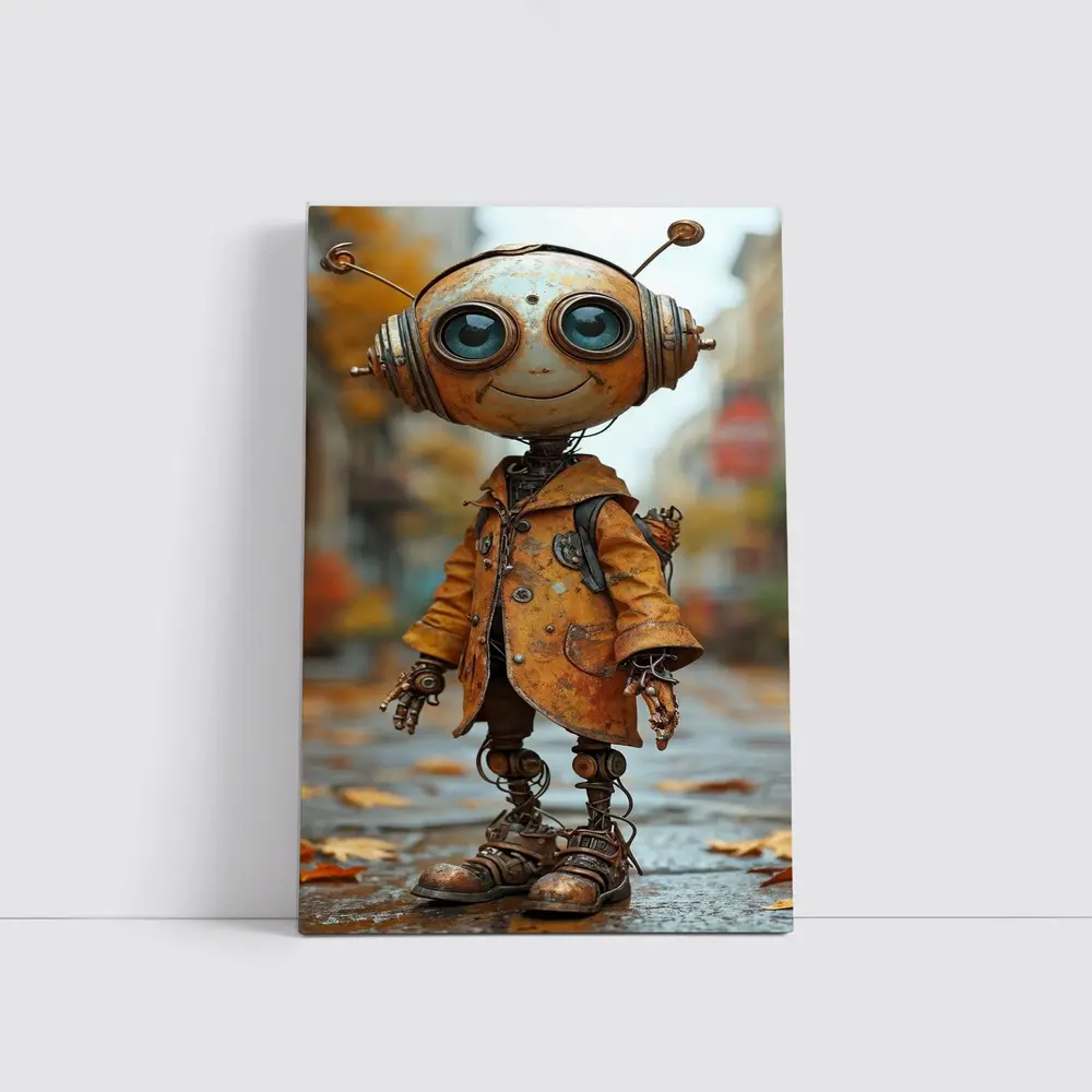 Rusty Robot Child Walking Autumn City Street – Wall Art