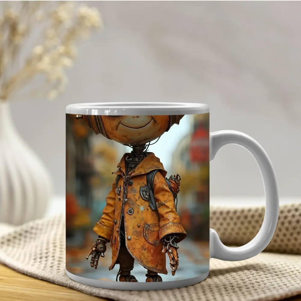 Rusty Robot Child Walking Autumn City Street – Mugs