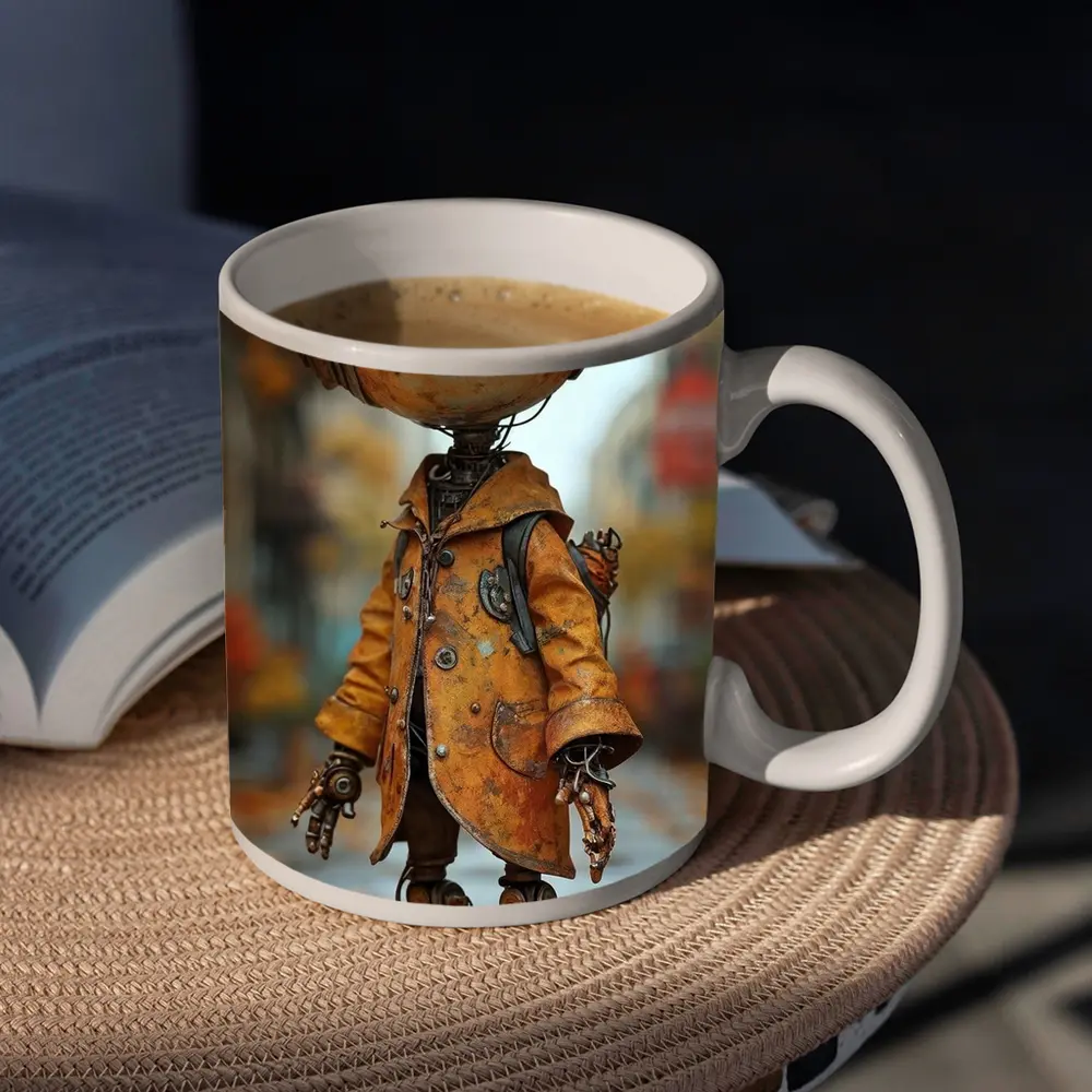 Rusty Robot Child Walking Autumn City Street – Mugs