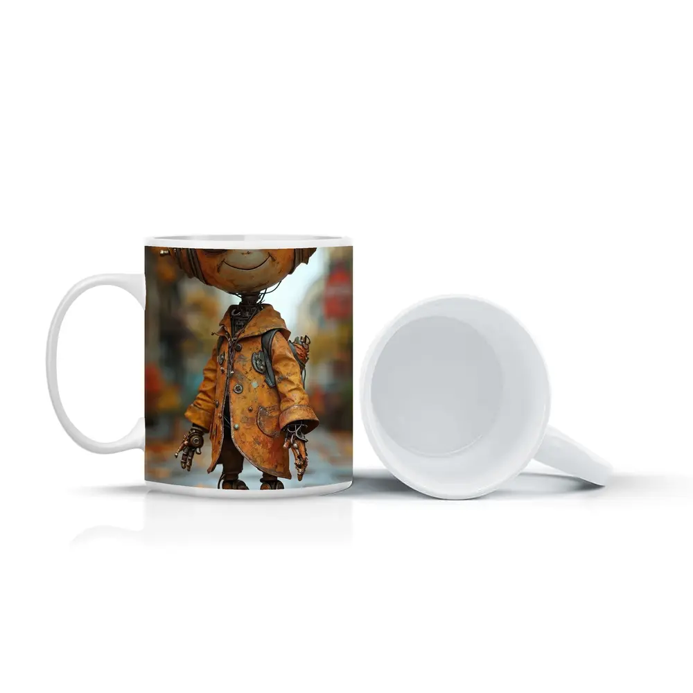 Rusty Robot Child Walking Autumn City Street – Mugs