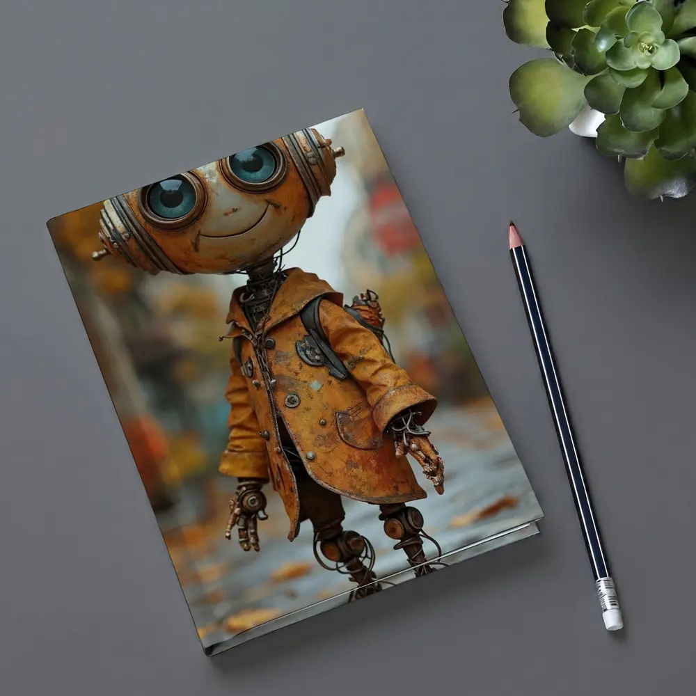 Rusty Robot Child Walking Autumn City Street – Notebooks