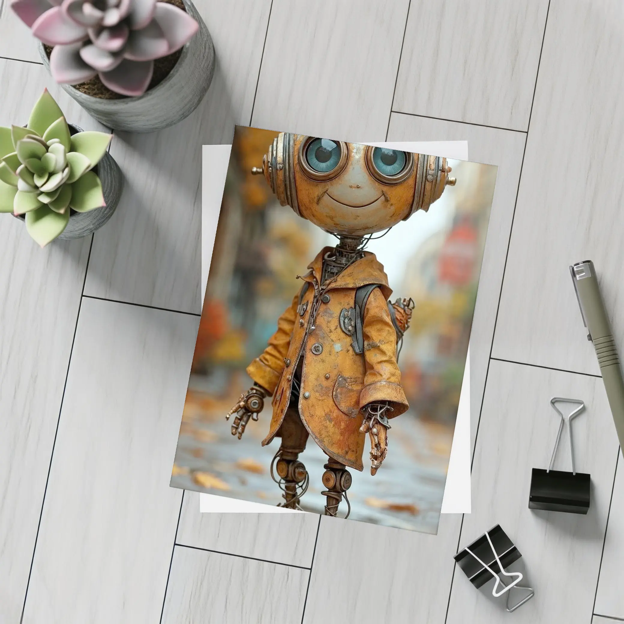 Rusty Robot Child Walking Autumn City Street – Postcards