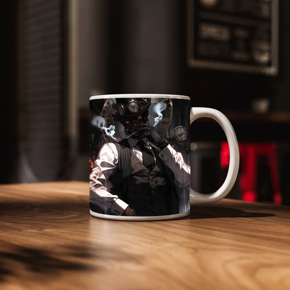Steampunk Anime Gentleman With Clocks Background – Mugs
