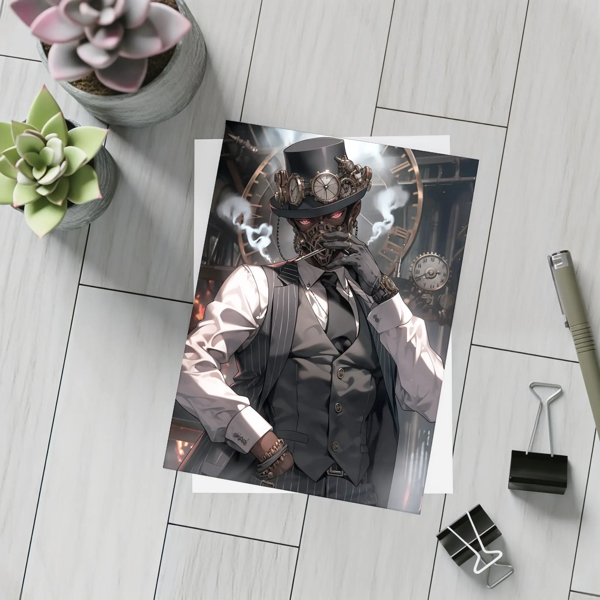 Steampunk Anime Gentleman With Clocks Background – Postcards