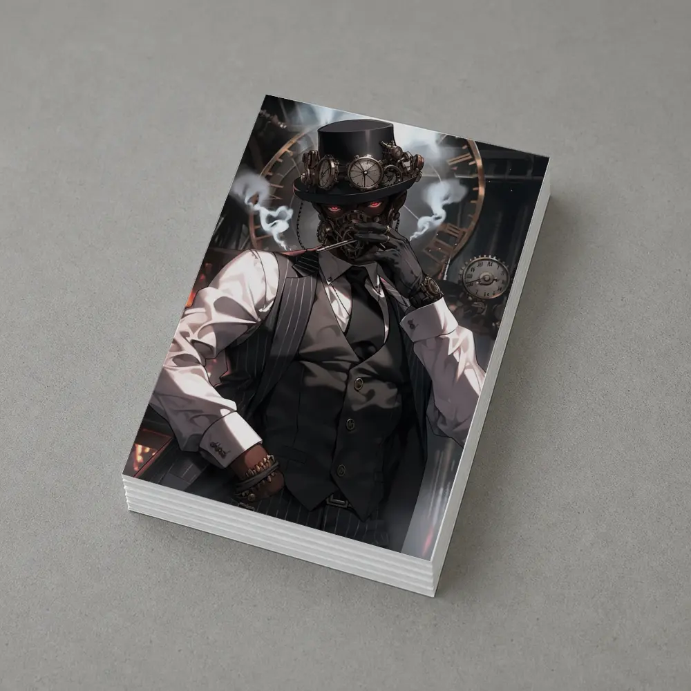 Steampunk Anime Gentleman With Clocks Background – Postcards