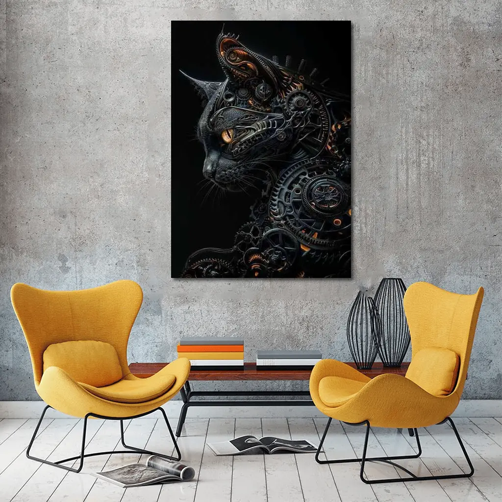 Steampunk Black Cat Gears Dark Background – Wall Art