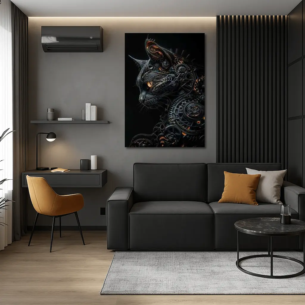 Steampunk Black Cat Gears Dark Background – Wall Art
