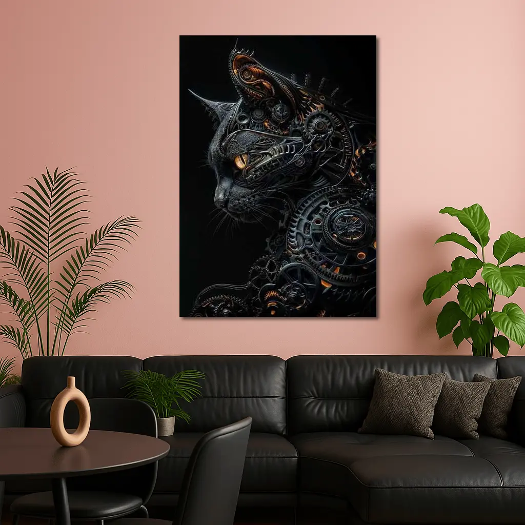 Steampunk Black Cat Gears Dark Background – Wall Art