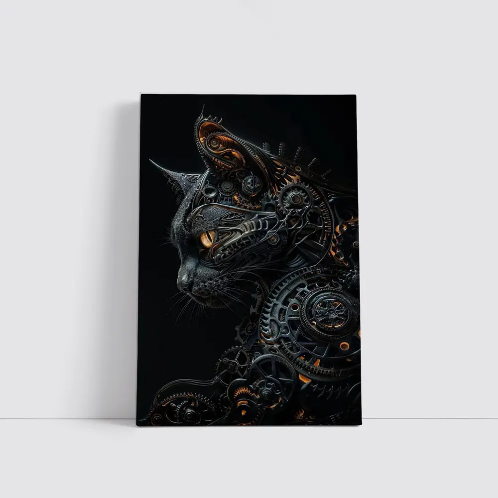 Steampunk Black Cat Gears Dark Background – Wall Art