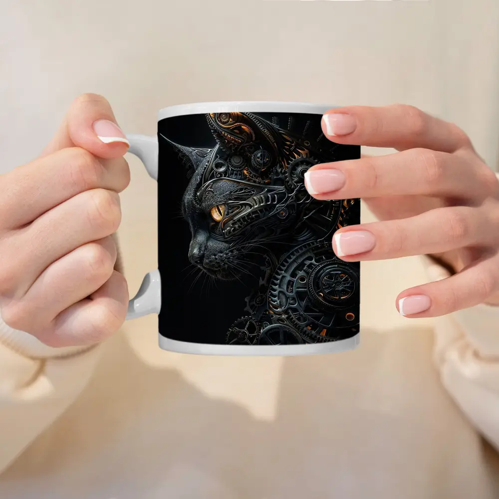 Steampunk Black Cat Gears Dark Background – Mugs