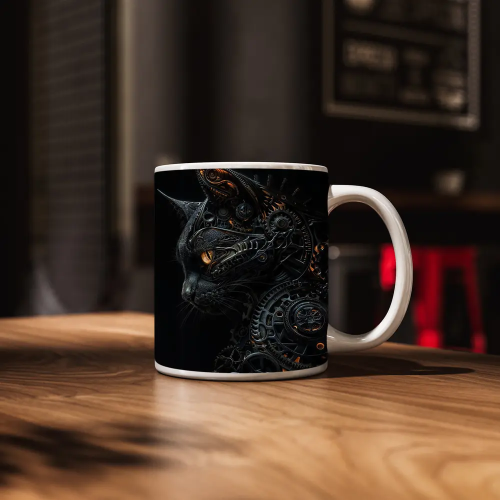 Steampunk Black Cat Gears Dark Background – Mugs