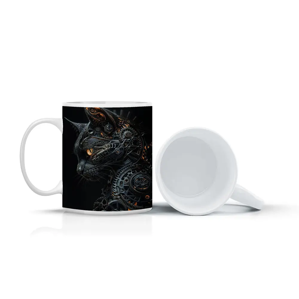 Steampunk Black Cat Gears Dark Background – Mugs