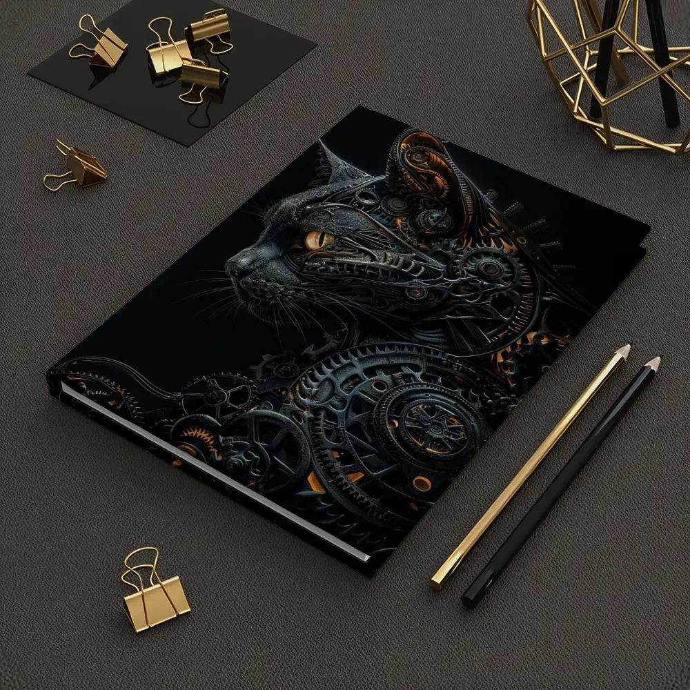 Steampunk Black Cat Gears Dark Background – Notebooks