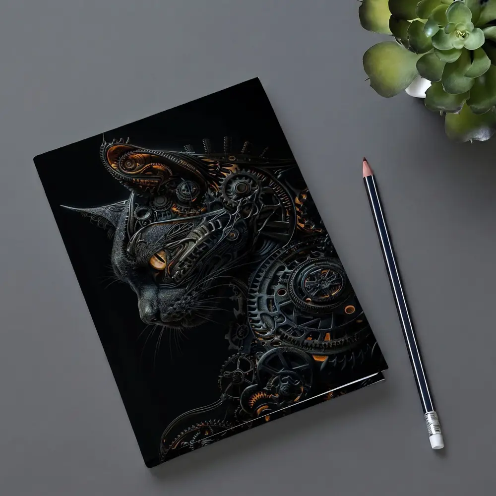 Steampunk Black Cat Gears Dark Background – Notebooks