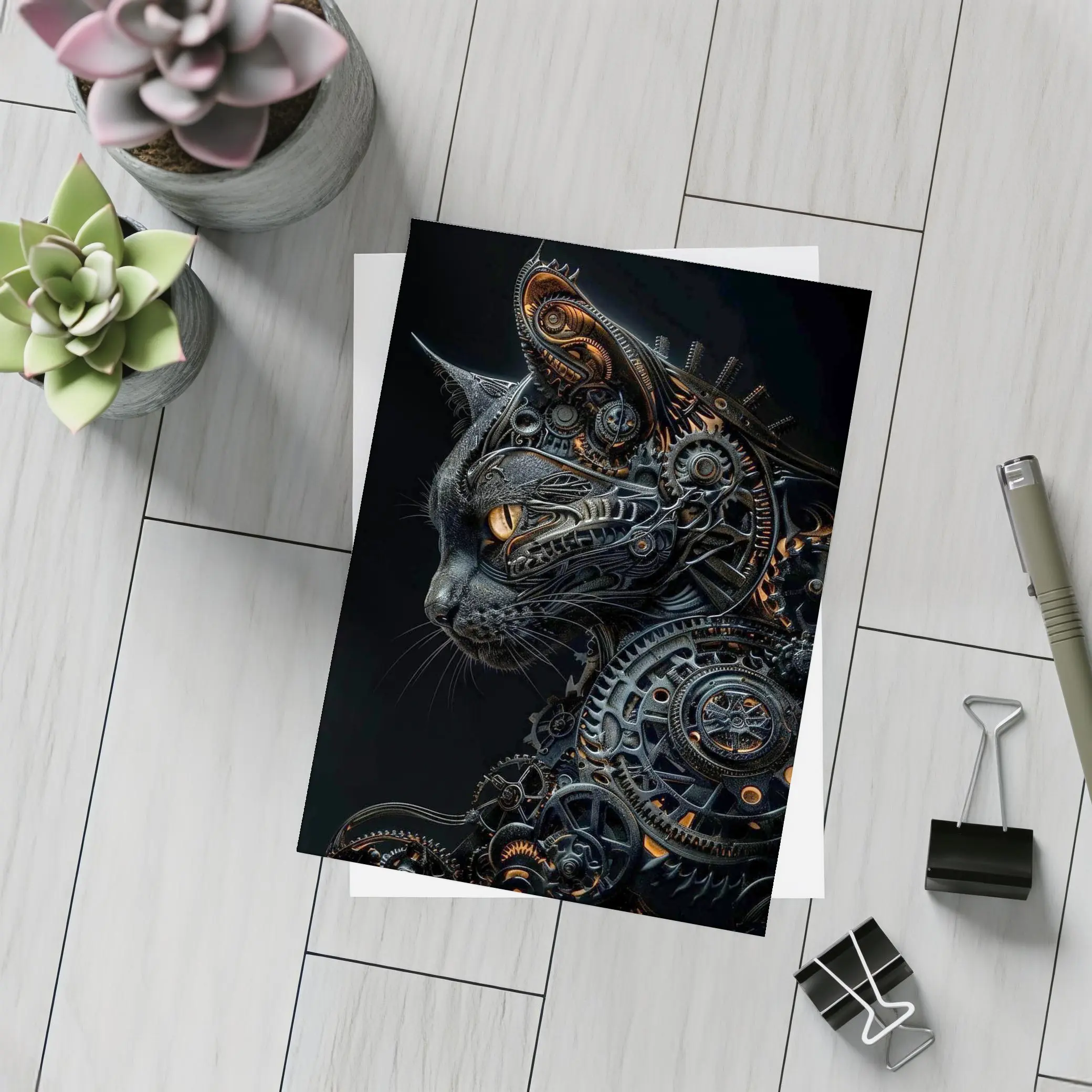 Steampunk Black Cat Gears Dark Background – Postcards