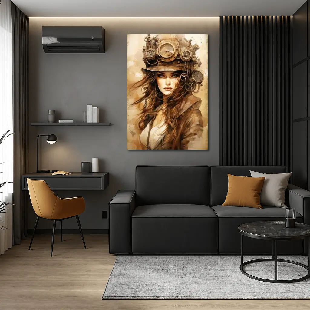 Steampunk Woman Portrait Watercolor Sepia Art – Wall Art