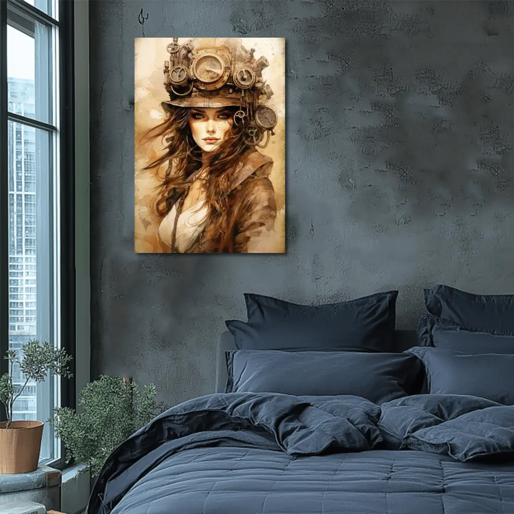 Steampunk Woman Portrait Watercolor Sepia Art – Wall Art