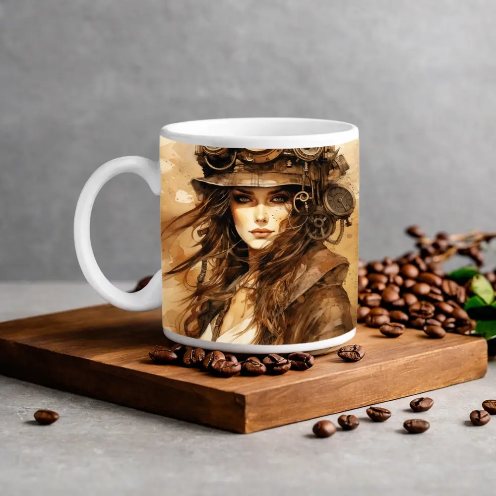 Steampunk Woman Portrait Watercolor Sepia Art – Mugs