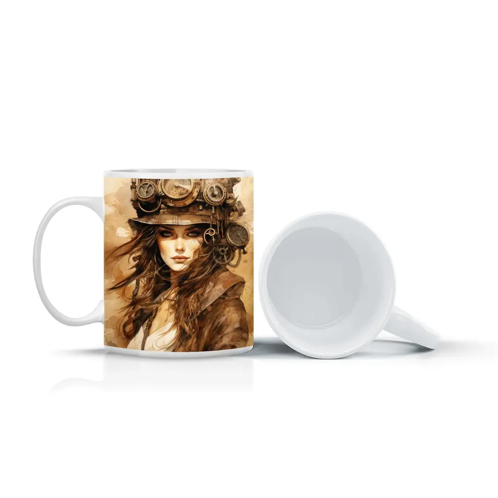 Steampunk Woman Portrait Watercolor Sepia Art – Mugs