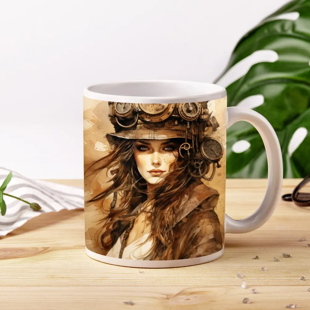 Steampunk Woman Portrait Watercolor Sepia Art – Mugs