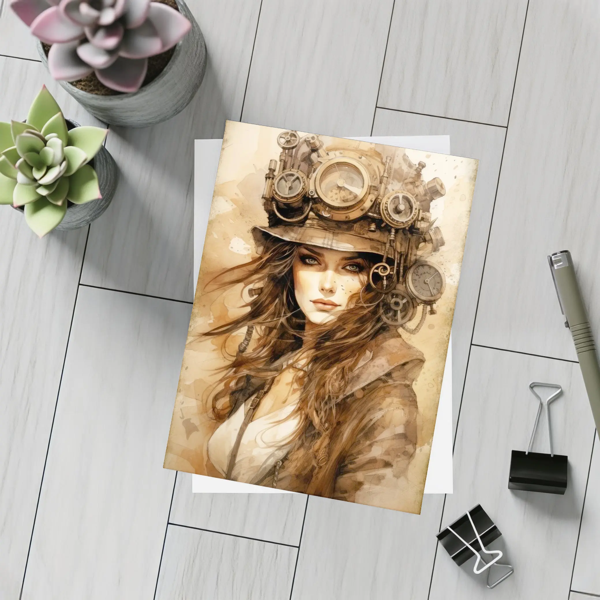 Steampunk Woman Portrait Watercolor Sepia Art – Postcards