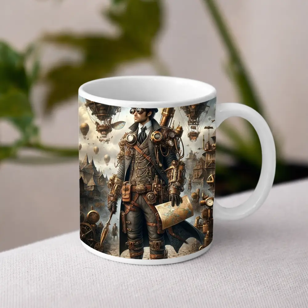 Steampunk Explorer Airships Fantasy City Art – Mugs