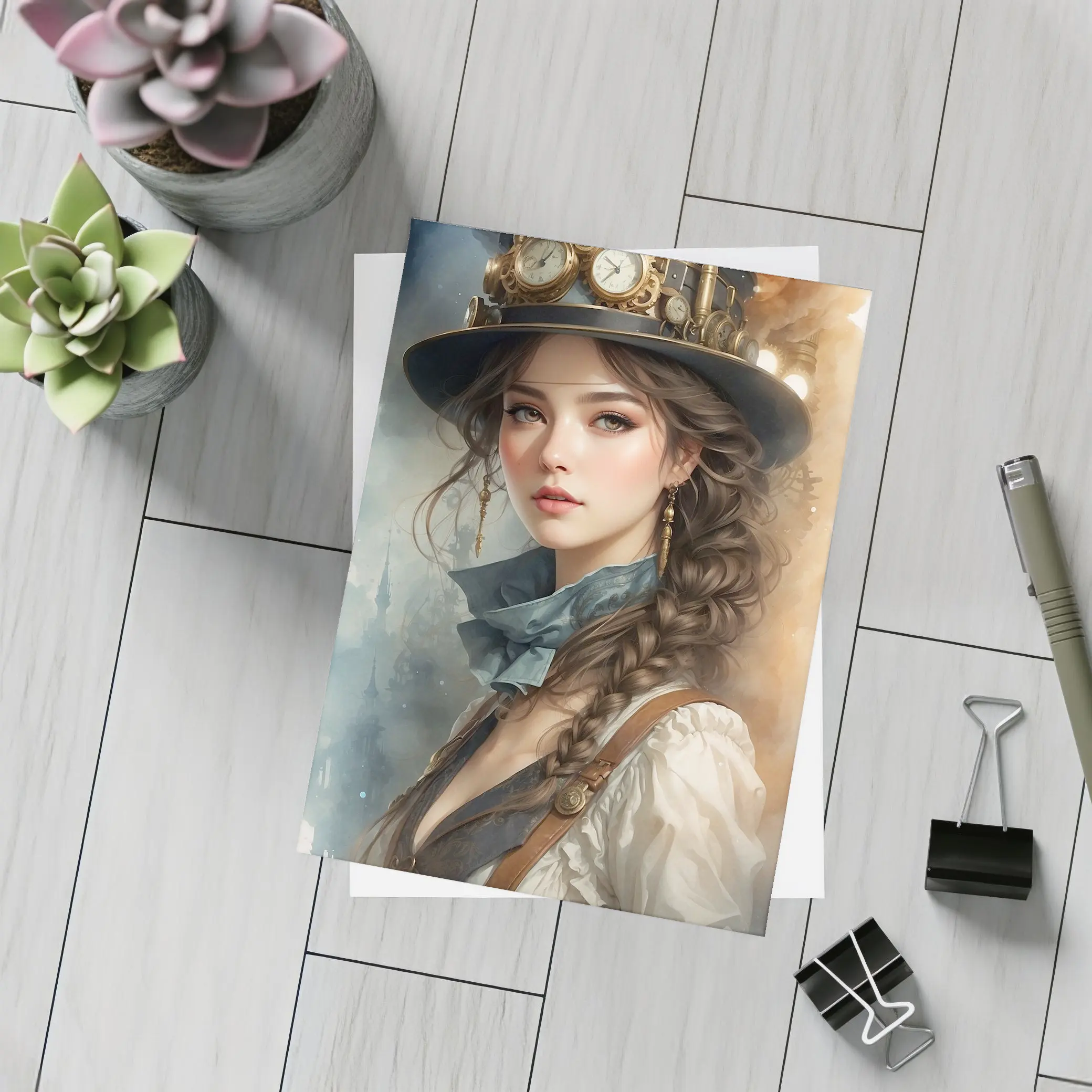 Steampunk Girl Portrait Fantasy Watercolor Art – Postcards