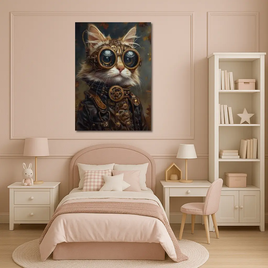 Steampunk Cat Portrait Autumn Fantasy Art – Wall Art