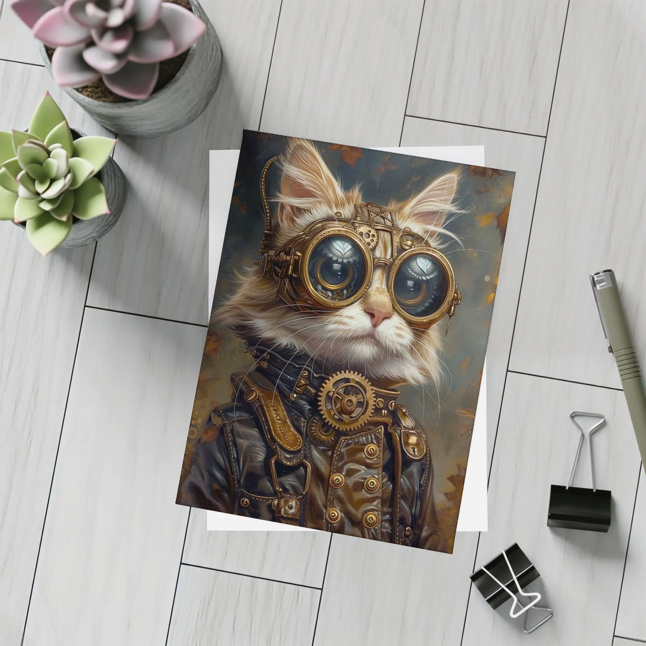 Steampunk Cat Portrait Autumn Fantasy Art – Postcards