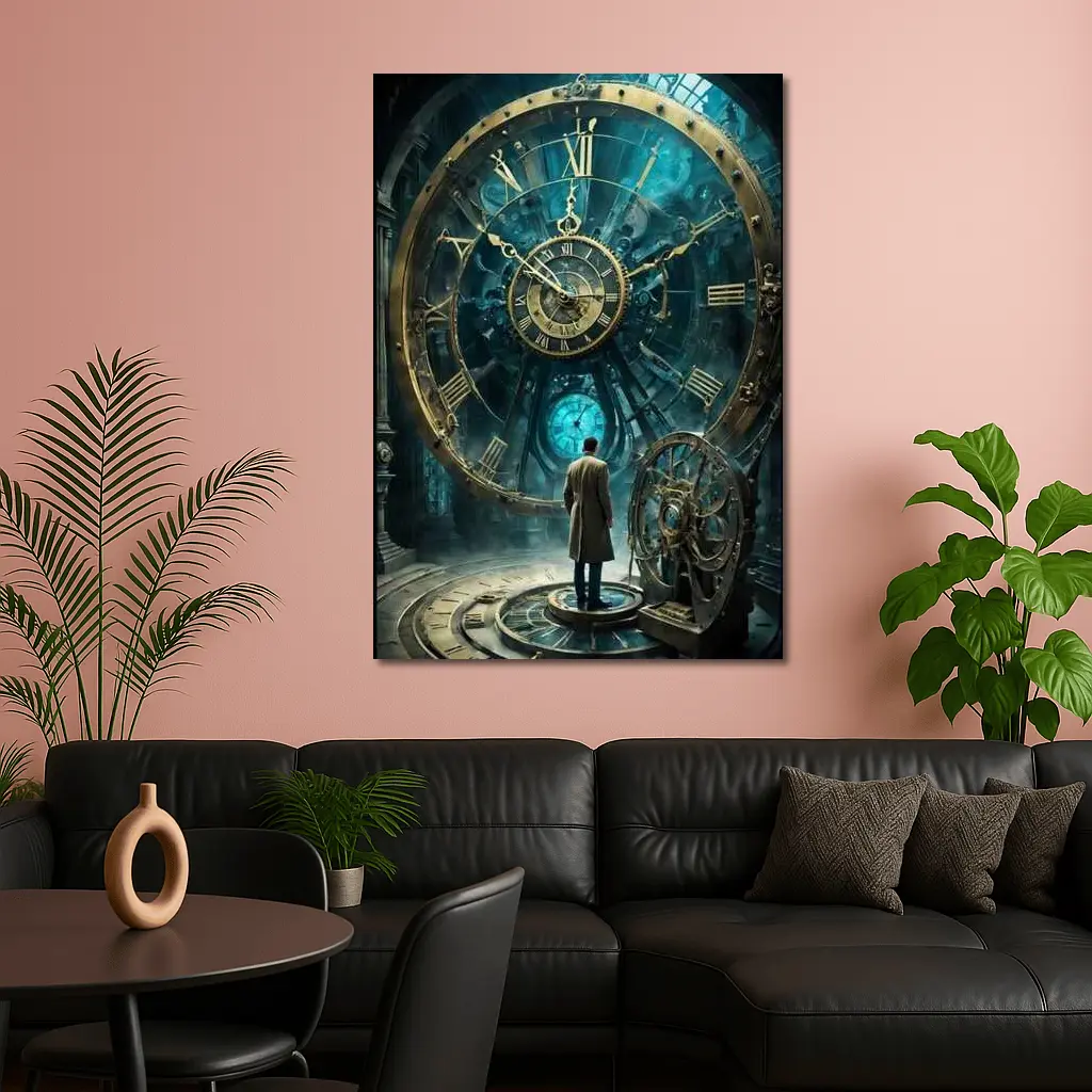 Man Standing Before Giant Steampunk Clock – Wall Art
