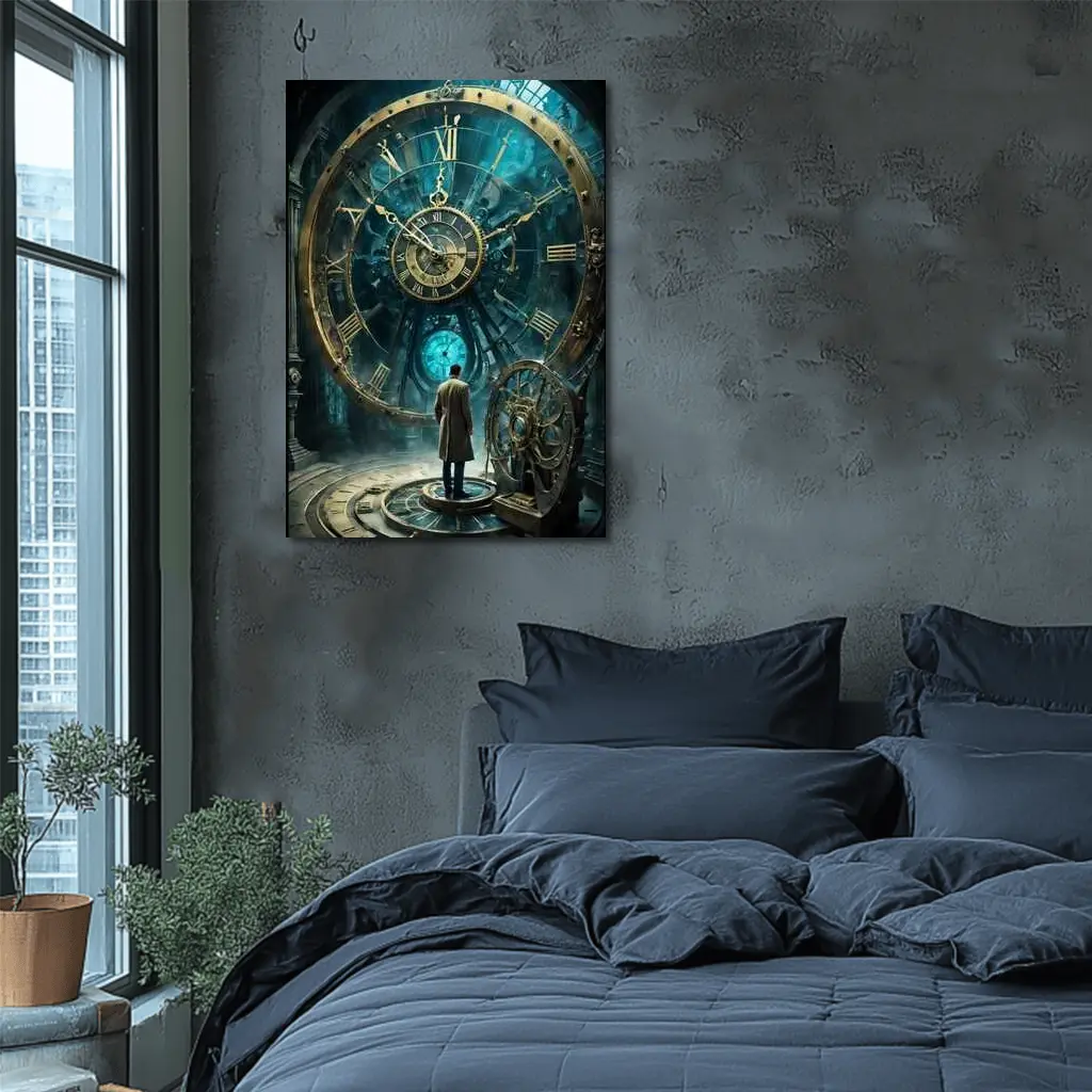Man Standing Before Giant Steampunk Clock – Wall Art