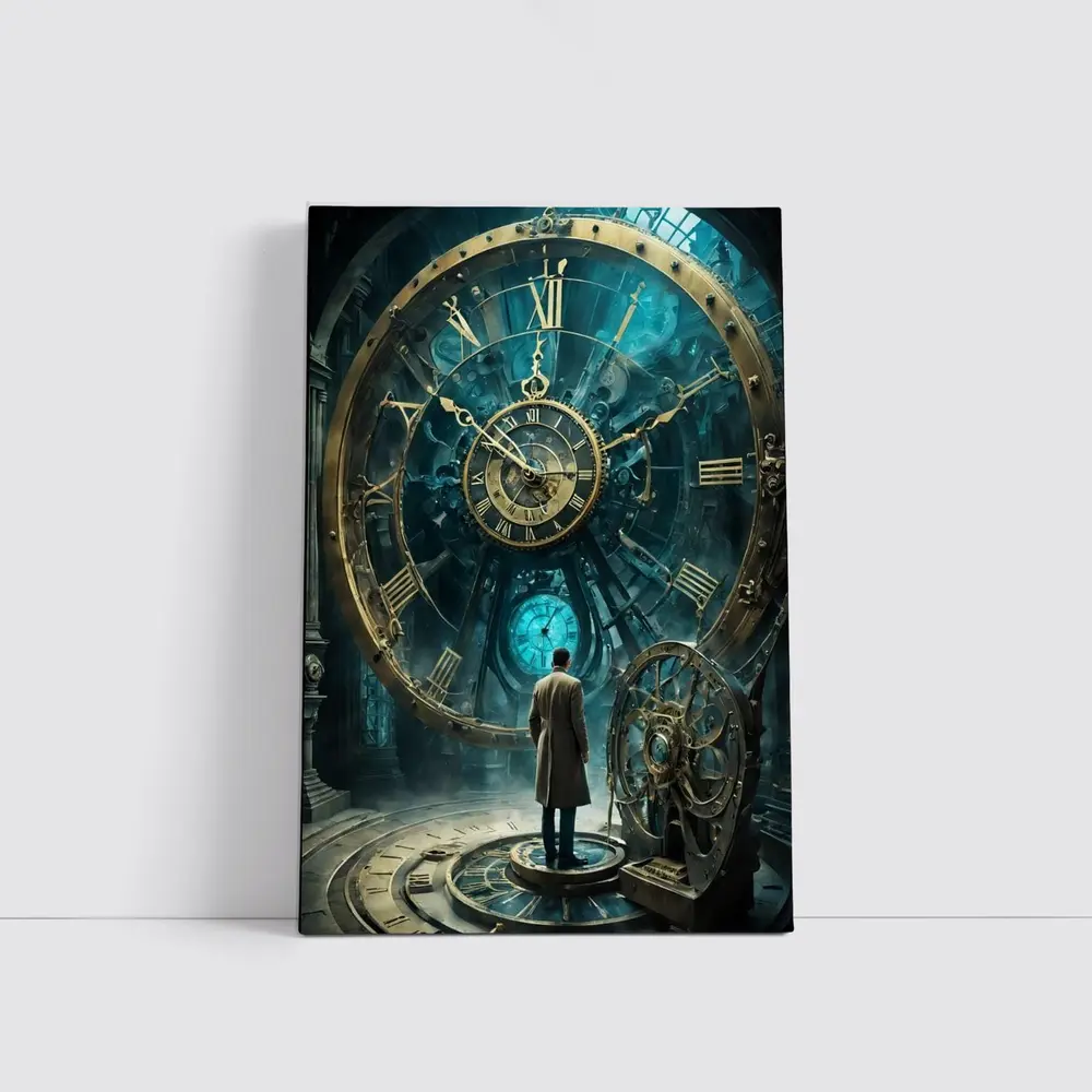 Man Standing Before Giant Steampunk Clock – Wall Art