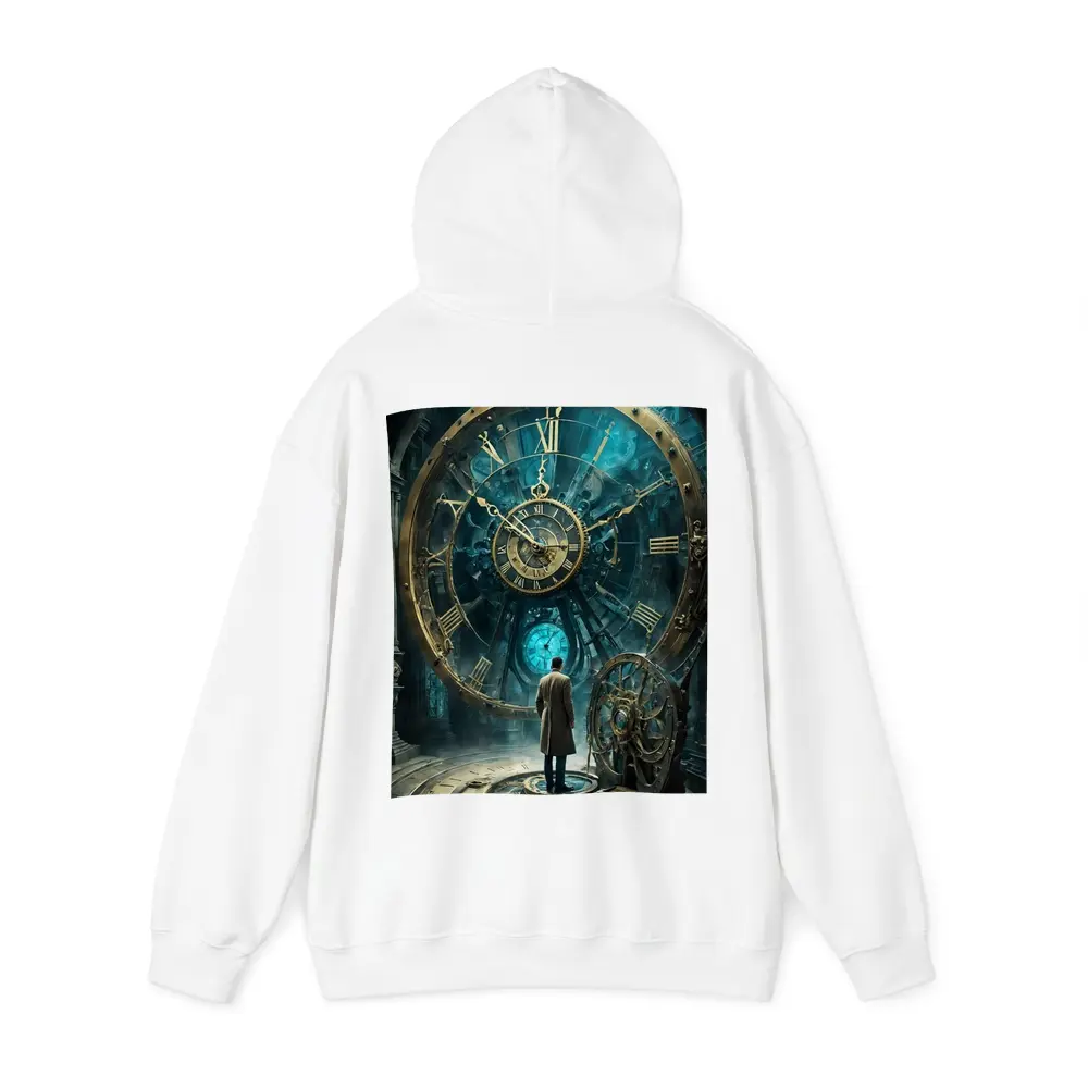 Man Standing Before Giant Steampunk Clock – Hoodies