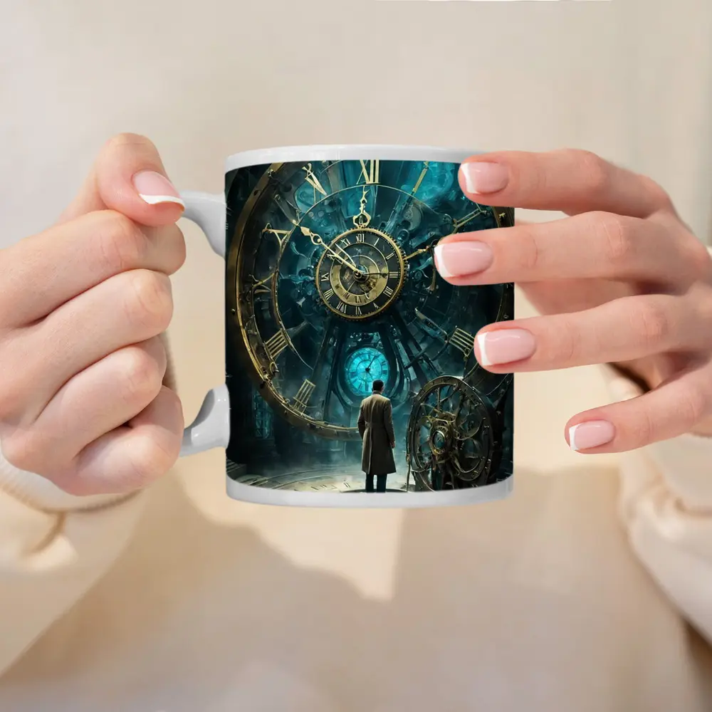 Man Standing Before Giant Steampunk Clock – Mugs