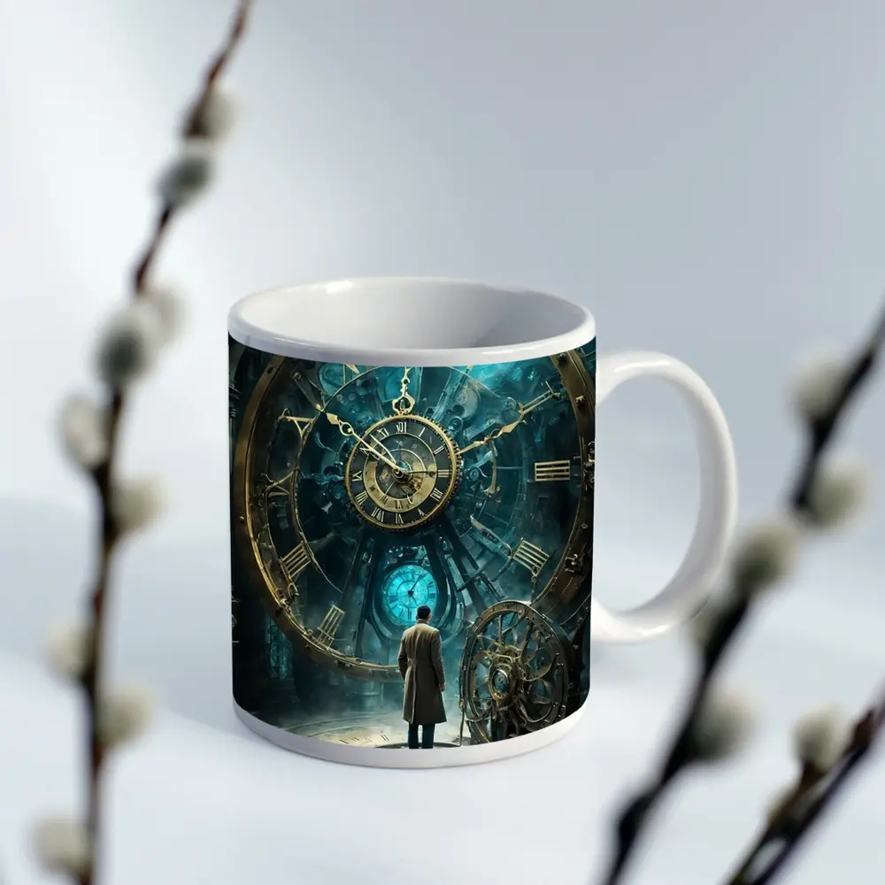 Man Standing Before Giant Steampunk Clock – Mugs